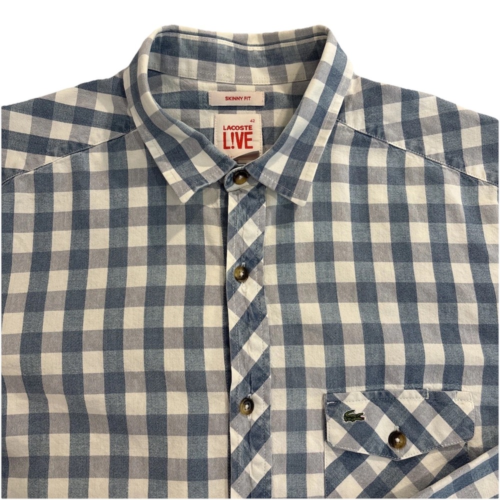 Lacoste Live 42 Blue / WHITE Skinny Fit Button Down Shirt Logo EXCELLENT